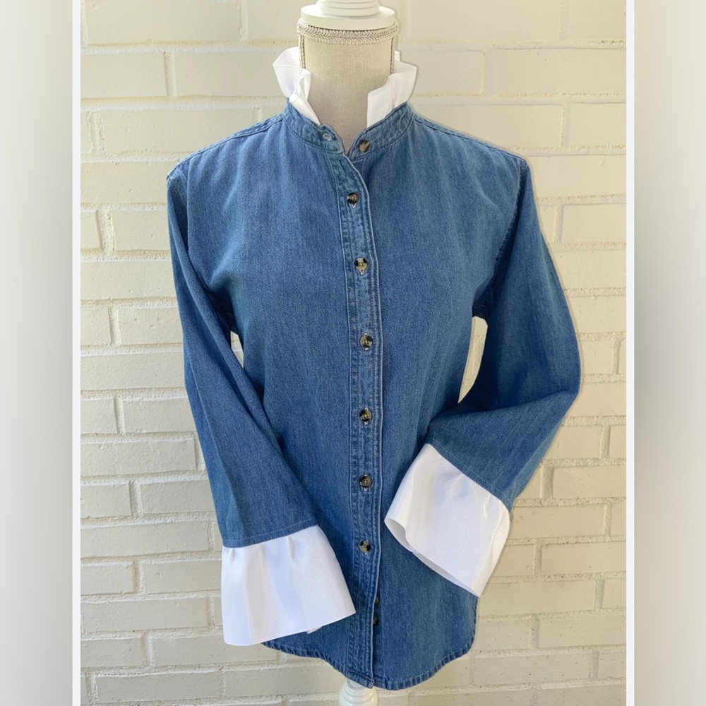 Pearly Vine Barbara Ann Ribbon white Trim Denim Button-Up Shirt White Cuffs NWT